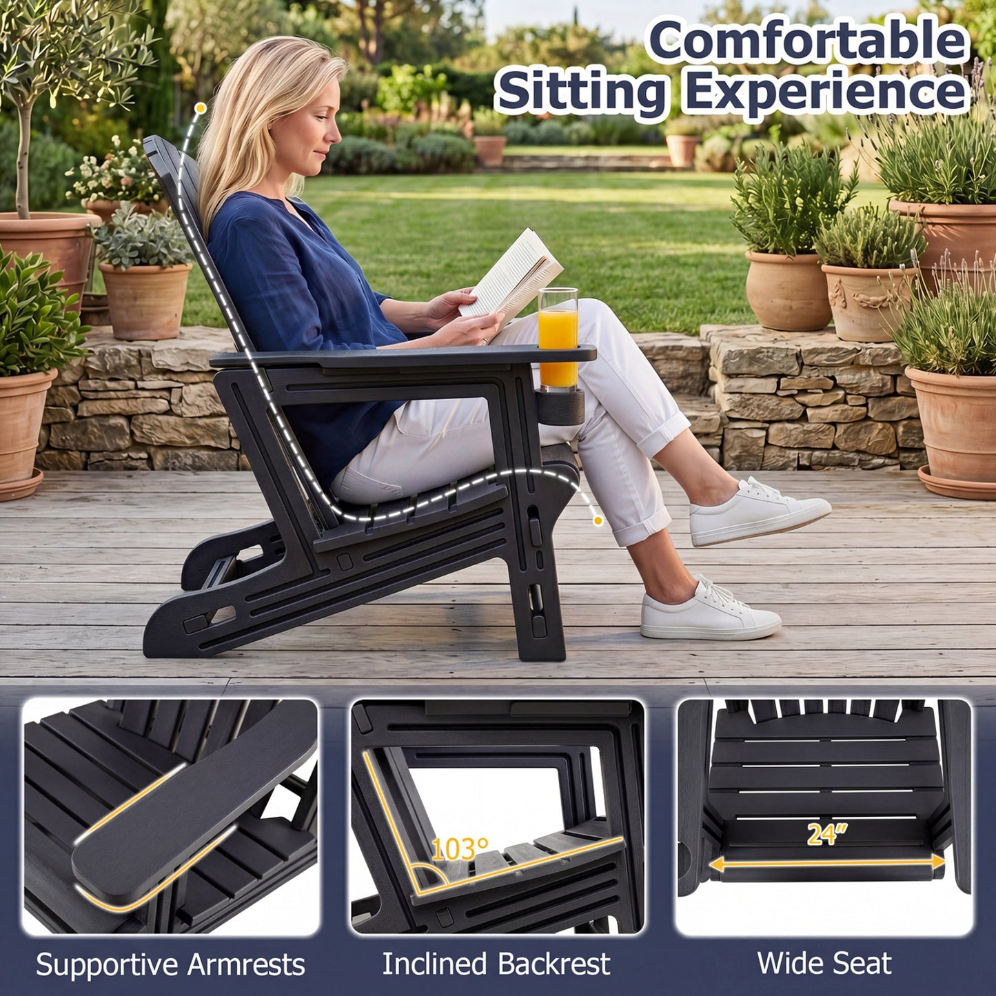 Chaise Adirondack en HDPE, porte-gobelet, aspect bois, noir
