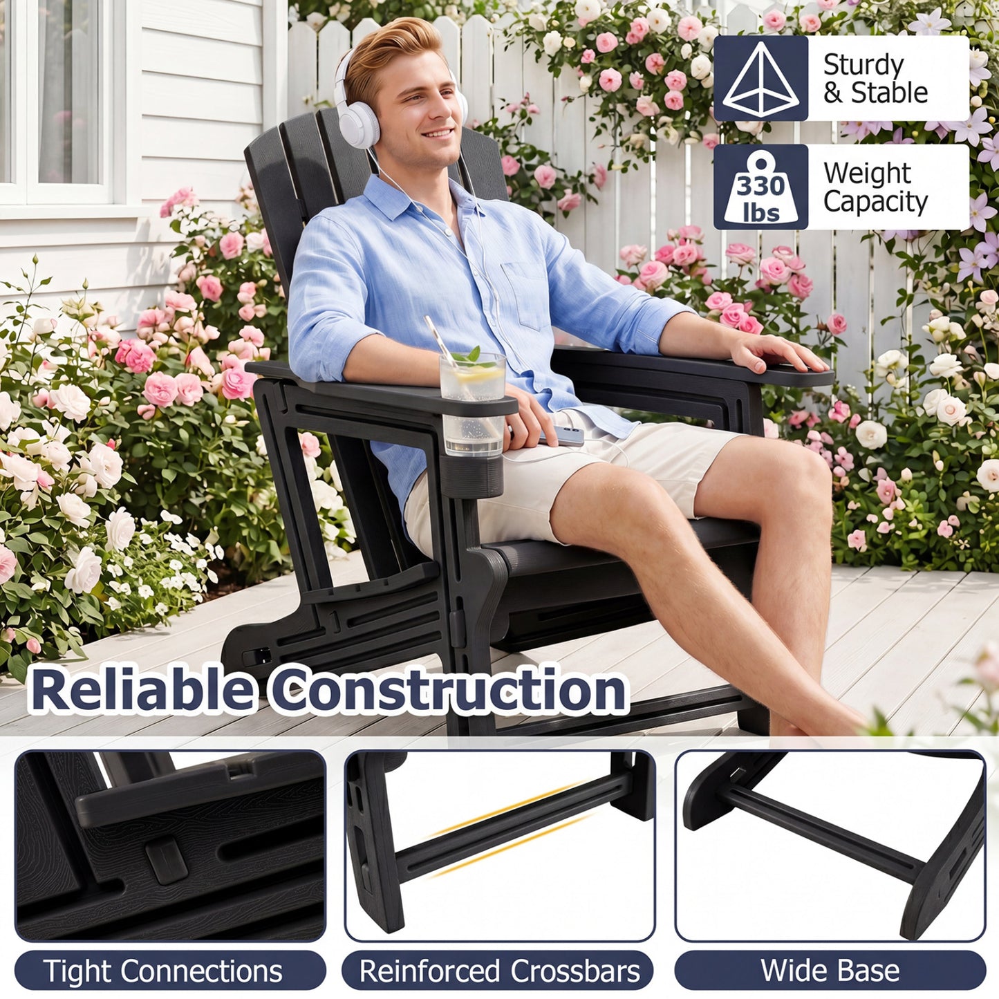 Chaise Adirondack en HDPE, porte-gobelet, aspect bois, noir