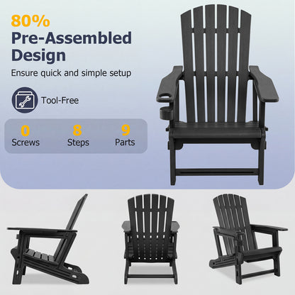 Chaise Adirondack en HDPE, porte-gobelet, aspect bois, noir