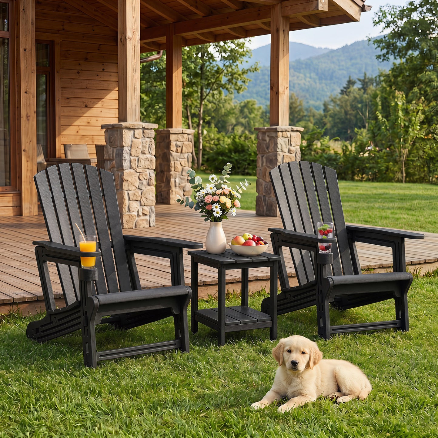 Chaise Adirondack en HDPE, porte-gobelet, aspect bois, noir