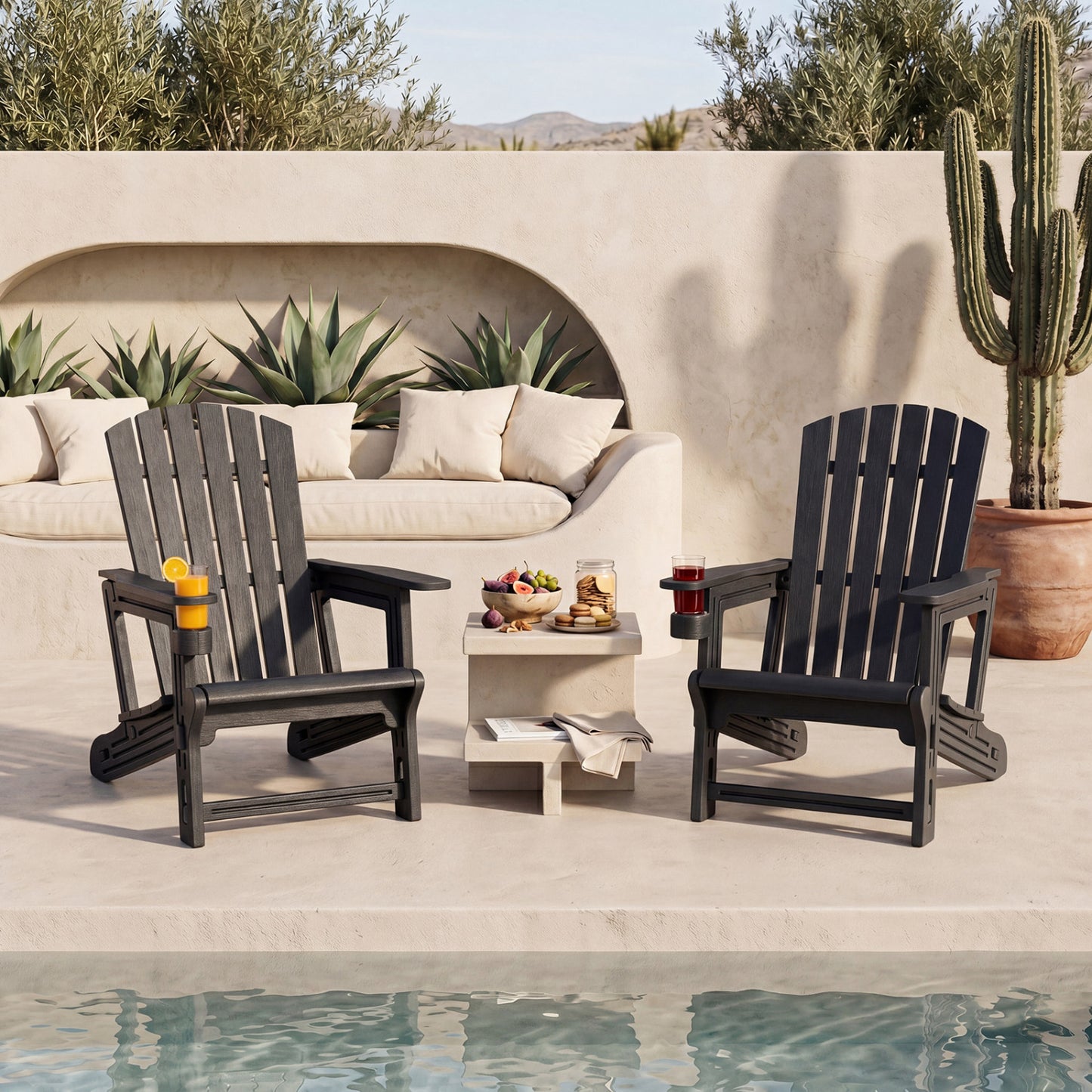 Chaise Adirondack en HDPE, porte-gobelet, aspect bois, noir