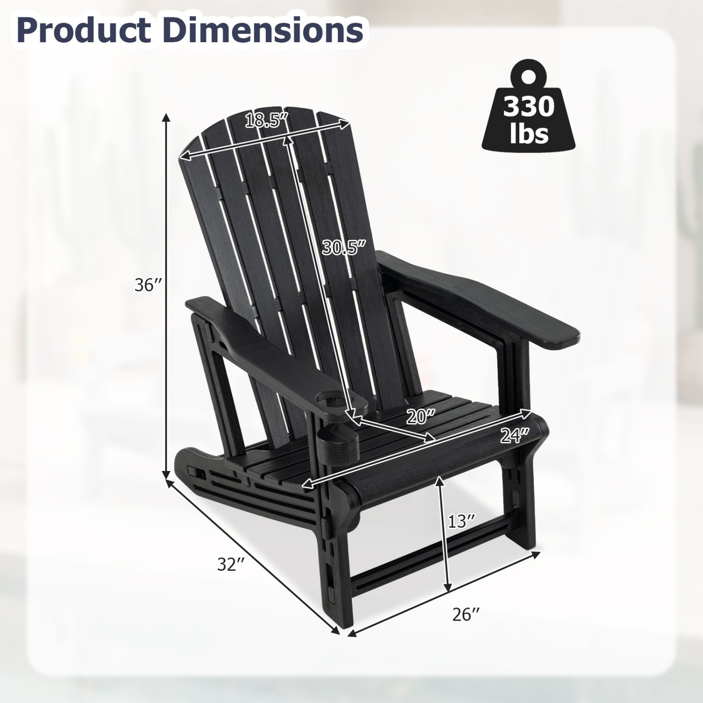 Chaise Adirondack en HDPE, porte-gobelet, aspect bois, noir