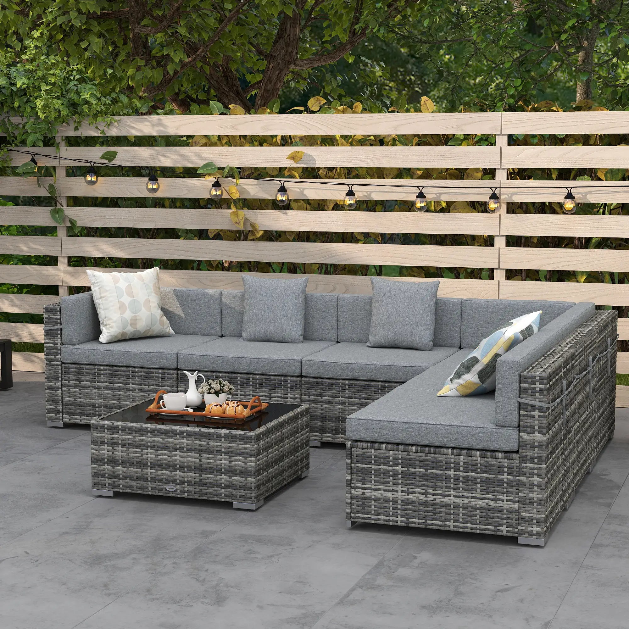 7 Pc Garden Wicker Sectional Set, Tea Table, Patio Rattan Sofa, Light Grey Patio Furniture Sets at Gallery Canada