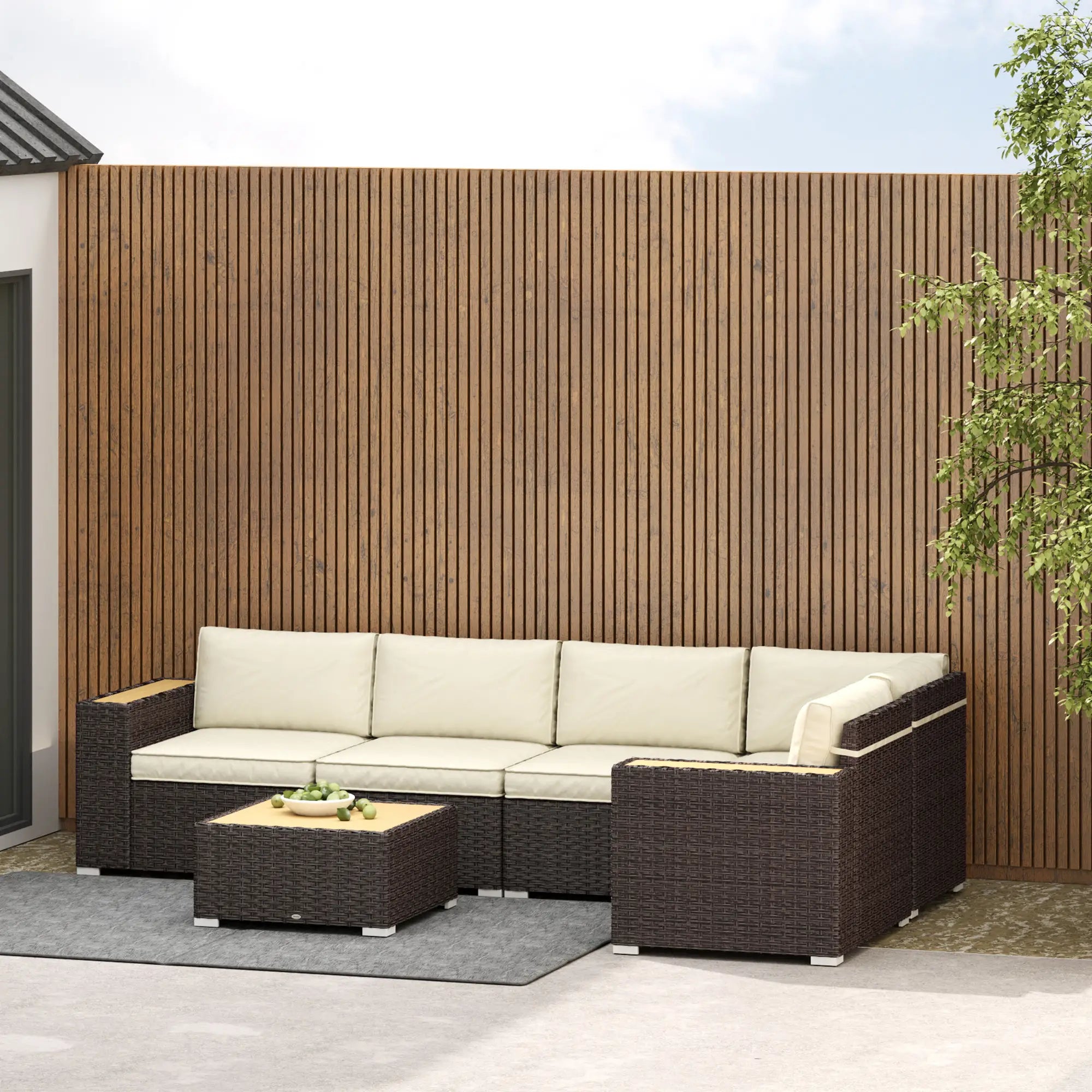 6-Piece Outdoor Rattan Patio Set, Corner Sofa, Wood-Plastic Table, Light Khaki Patio Furniture Sets at Gallery Canada