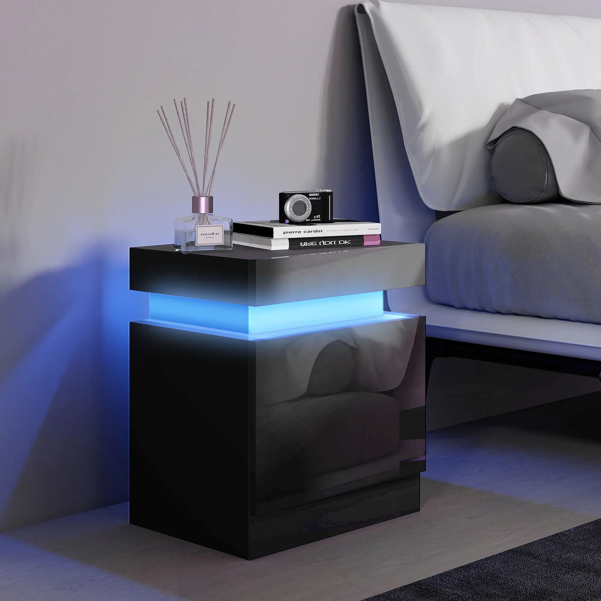 Nightstand, Bedside Table with LED Lights, 2 Drawers, Black Bedside Tables at Gallery Canada