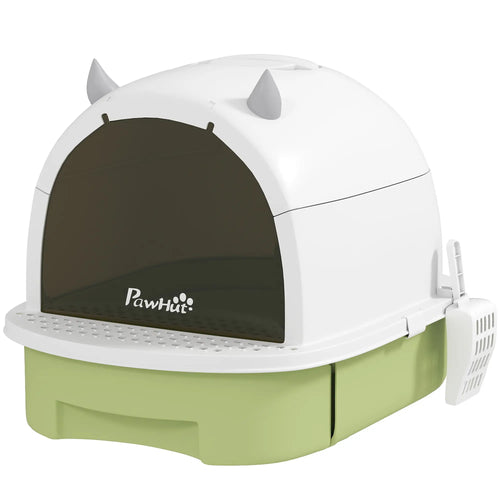 Cat Litter Box with Lid, Front Door Flap, Scoop, Handle, Easy Clean, Green