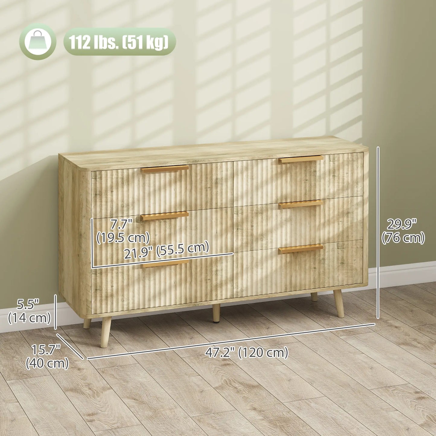 Fluted Chest of Drawers, 6 Drawer Dresser with Pine Wood Legs, Oak Storage Cabinets at Gallery Canada