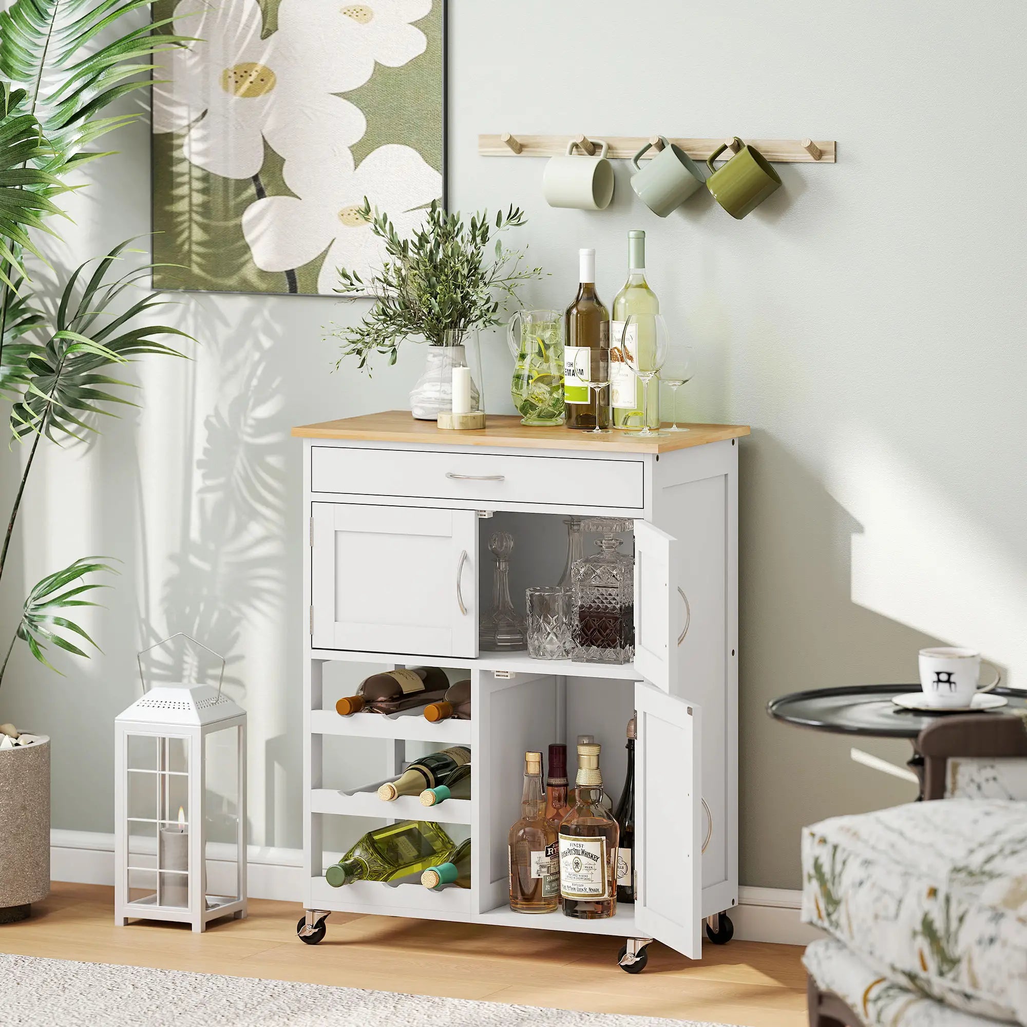 Rolling Kitchen Cart, Island with Storage Drawer, 9-Bottle Wine Rack, White Kitchen Islands & Kitchen Carts at Gallery Canada