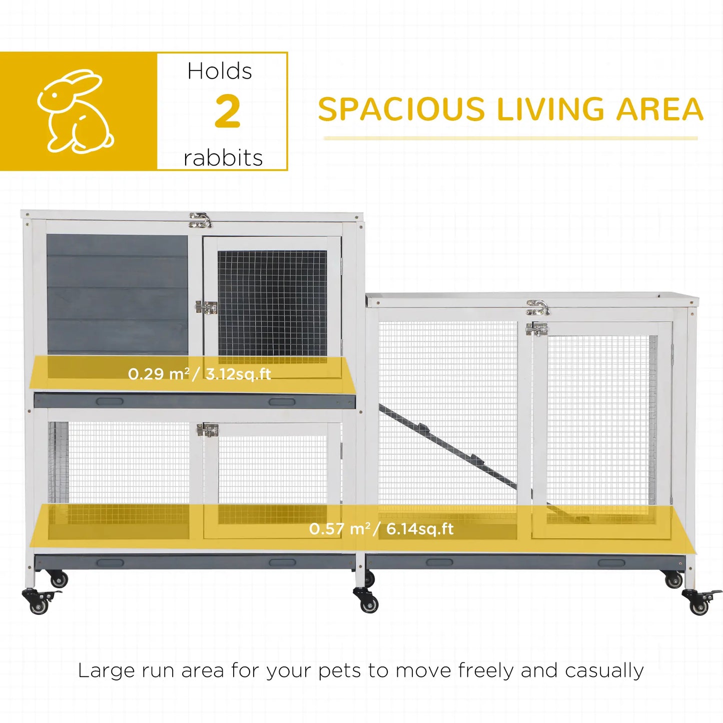 Wooden Rabbit Hutch, Bunny Cage, Small Animal Habitat, Slide-out Tray, Lockable Door, Openable Top, 58" x 18" x 35", Grey Rabbit Hutch at Gallery Canada