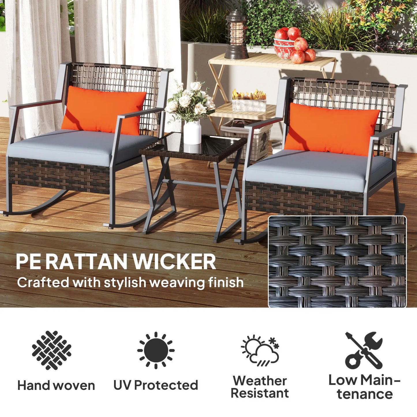3 Pc Rocking Bistro Set, Wicker Patio Furniture with Cushions, Glass Table, Grey Outdoor Rocking Chairs at Gallery Canada