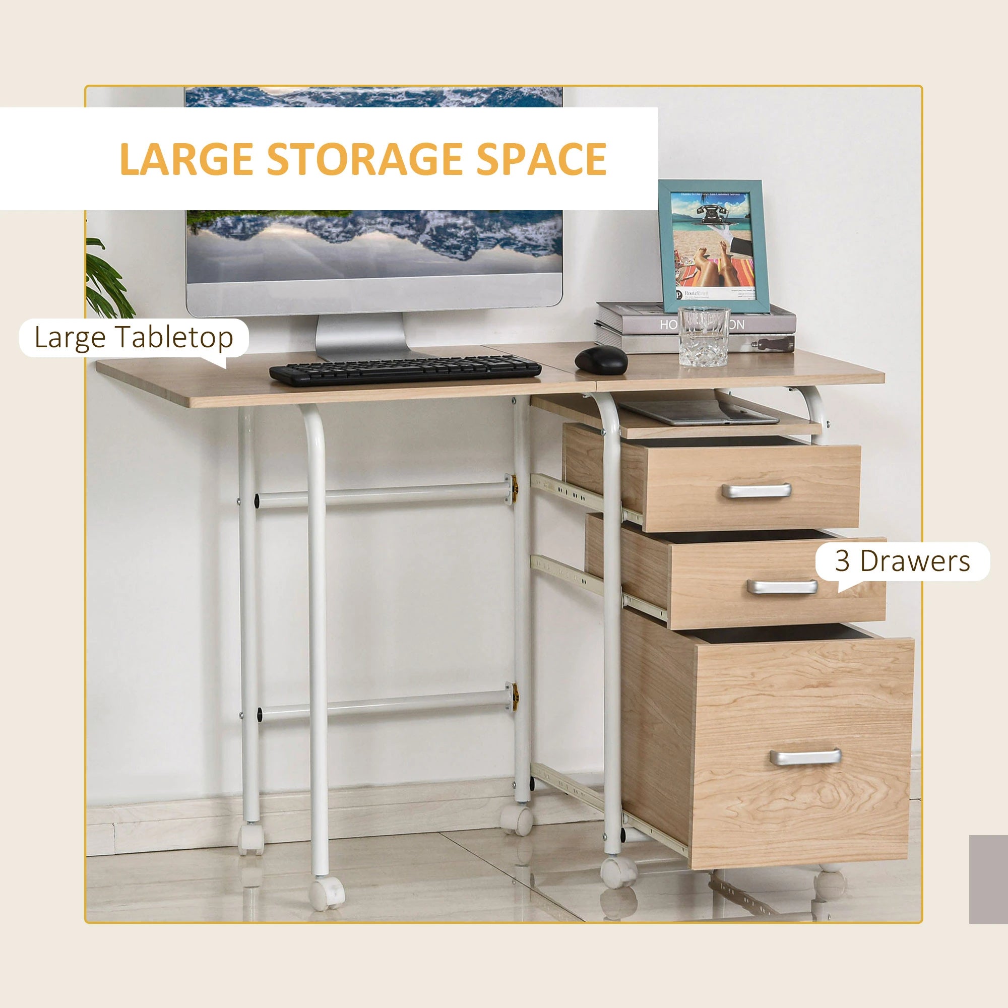 Foldable Computer Desk with Drawers, 6 Wheels, Natural Writing Desks at Gallery Canada