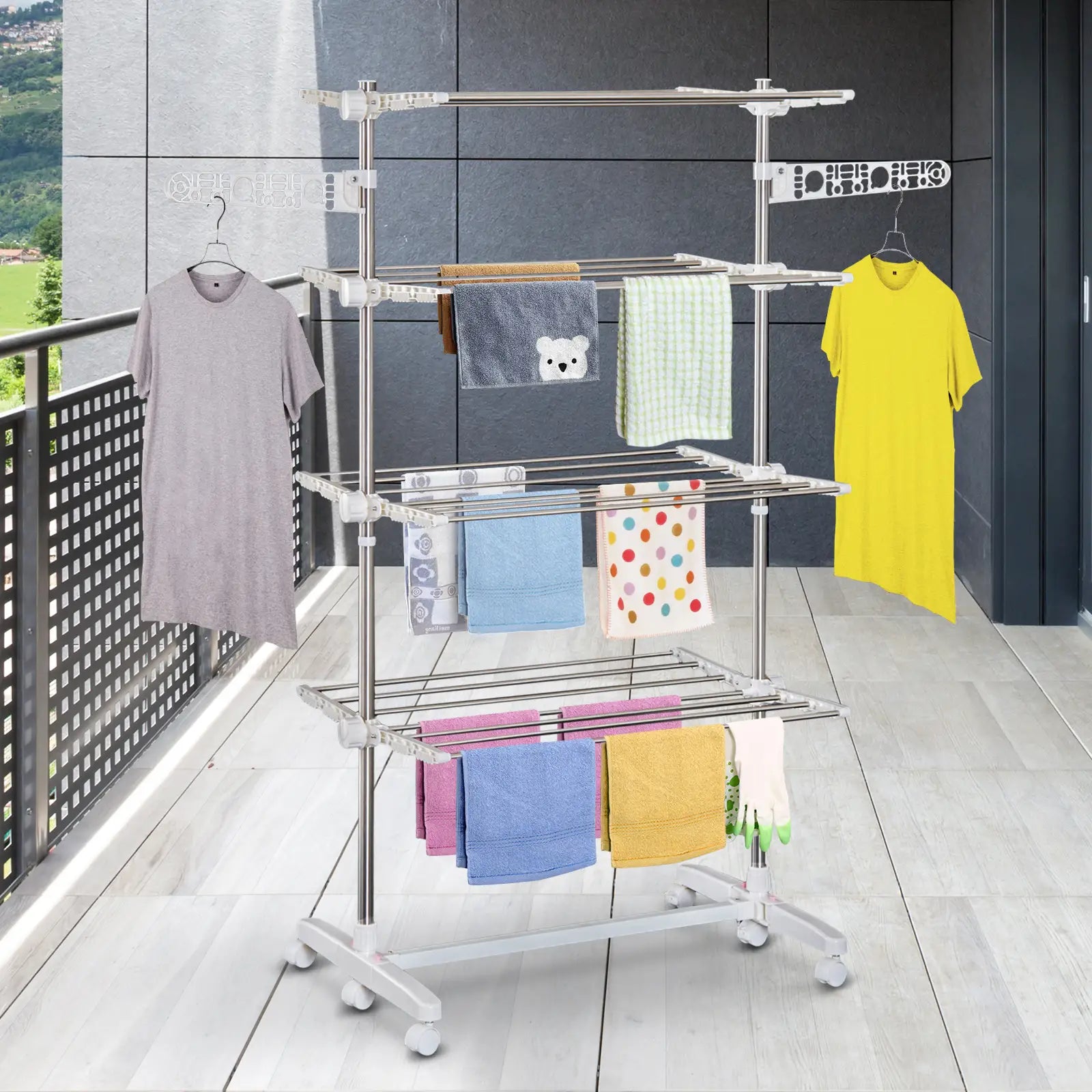 Stainless Steel Folding Clothes Drying Rack, Side Wings, Castors, Indoor Outdoor, White Bath Accessories at Gallery Canada