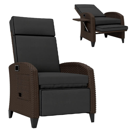 Outdoor Recliner Chair, Adjustable Backrest, Cushion, Side Tray, Black