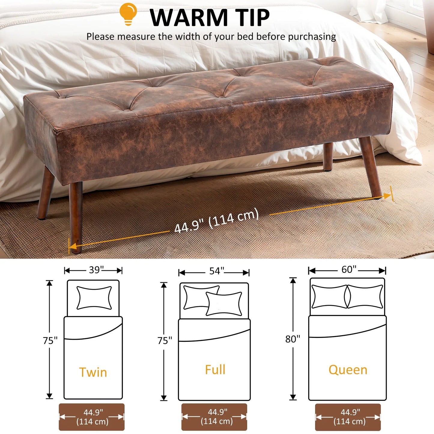 Button Tufted PU Leather Bench, Wood Legs, Brown Storage Ottomans & Benches at Gallery Canada