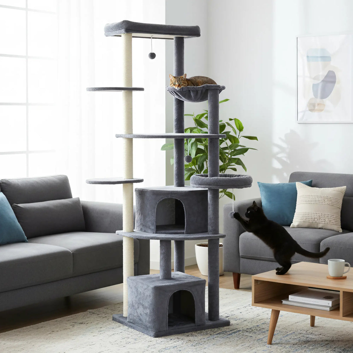 79" Extra Tall Cat Tree, Scratching Posts, Perches, Caves, Hammock, Dark Grey Cat Trees at Gallery Canada