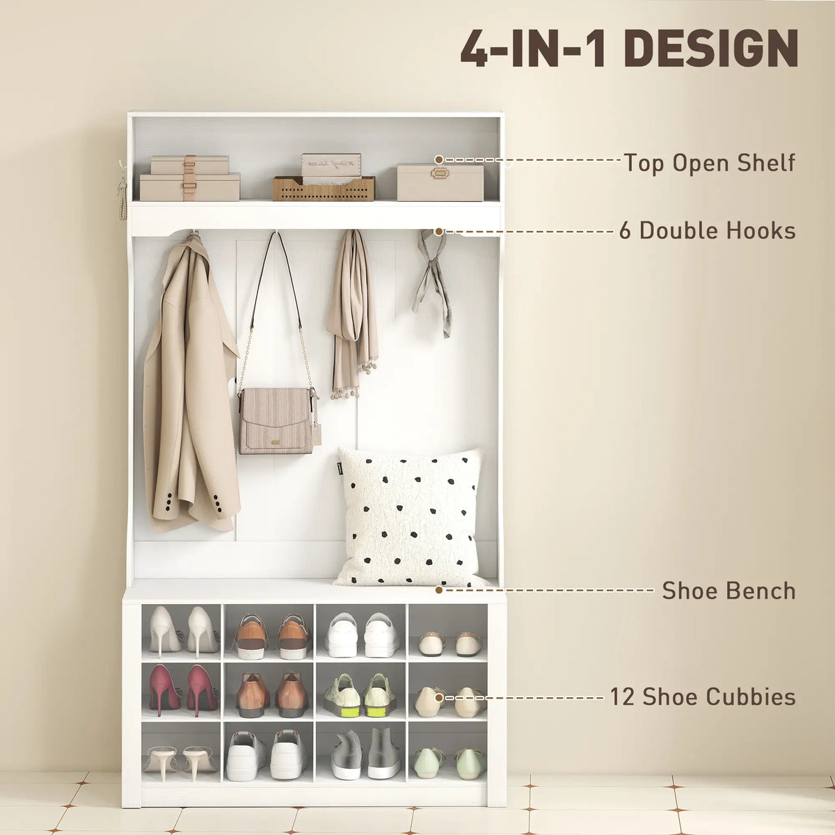 4-In-1 Hall Tree with Bench, Shoe Storage, 12 Cubbies, 6 Hooks, White Clothing Storage at Gallery Canada