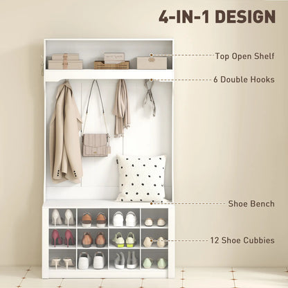4-In-1 Hall Tree with Bench, Shoe Storage, 12 Cubbies, 6 Hooks, White Clothing Storage at Gallery Canada