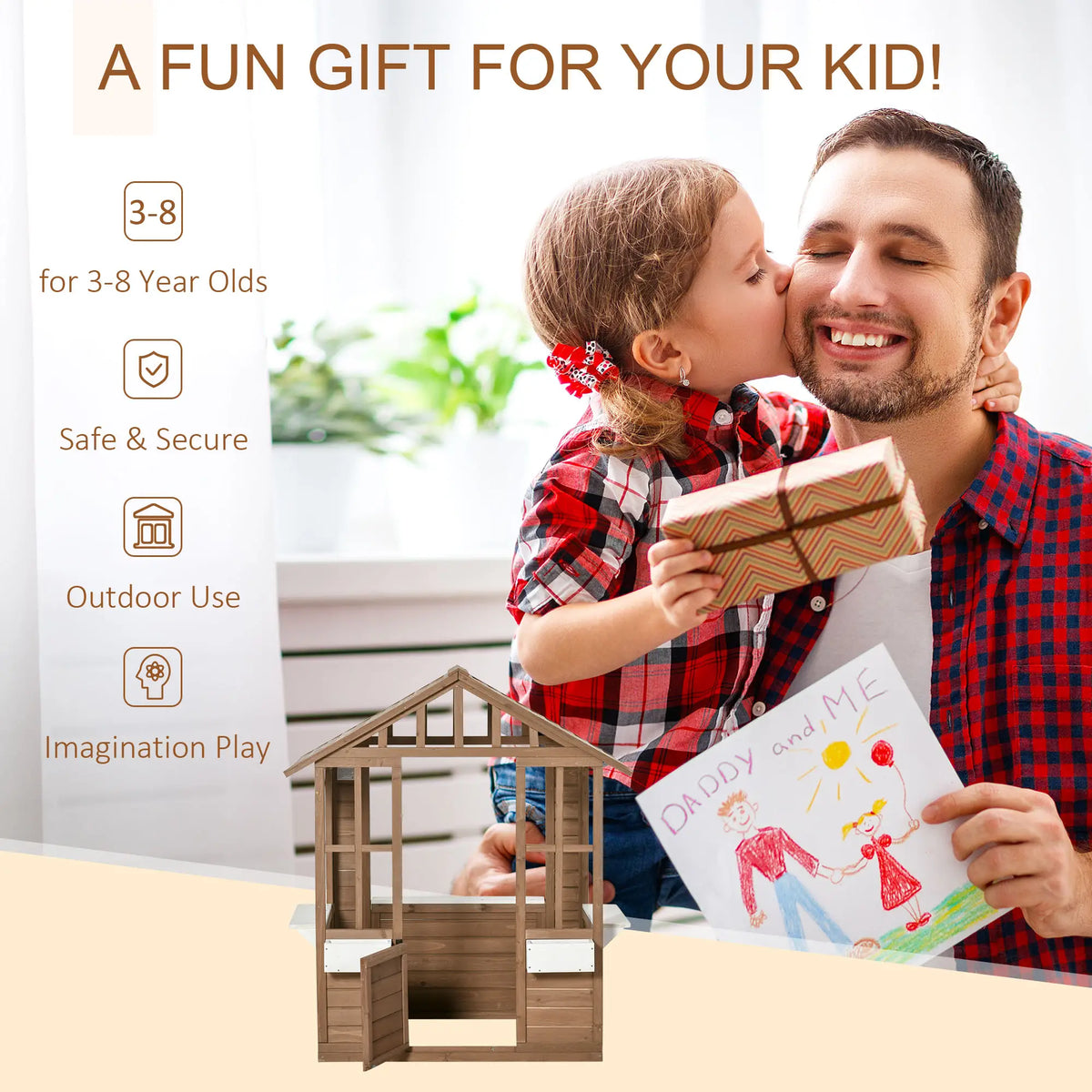 Kids Wooden Playhouse, Outdoor Cottage with Flower Pot Holder, Brown Play Houses at Gallery Canada