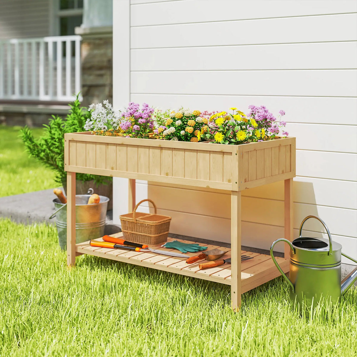 43.25" x 18" x 30" Raised Garden Bed, Wooden Plant Stand, 8 Grid Box, Natural Wood Elevated Garden Beds at Gallery Canada