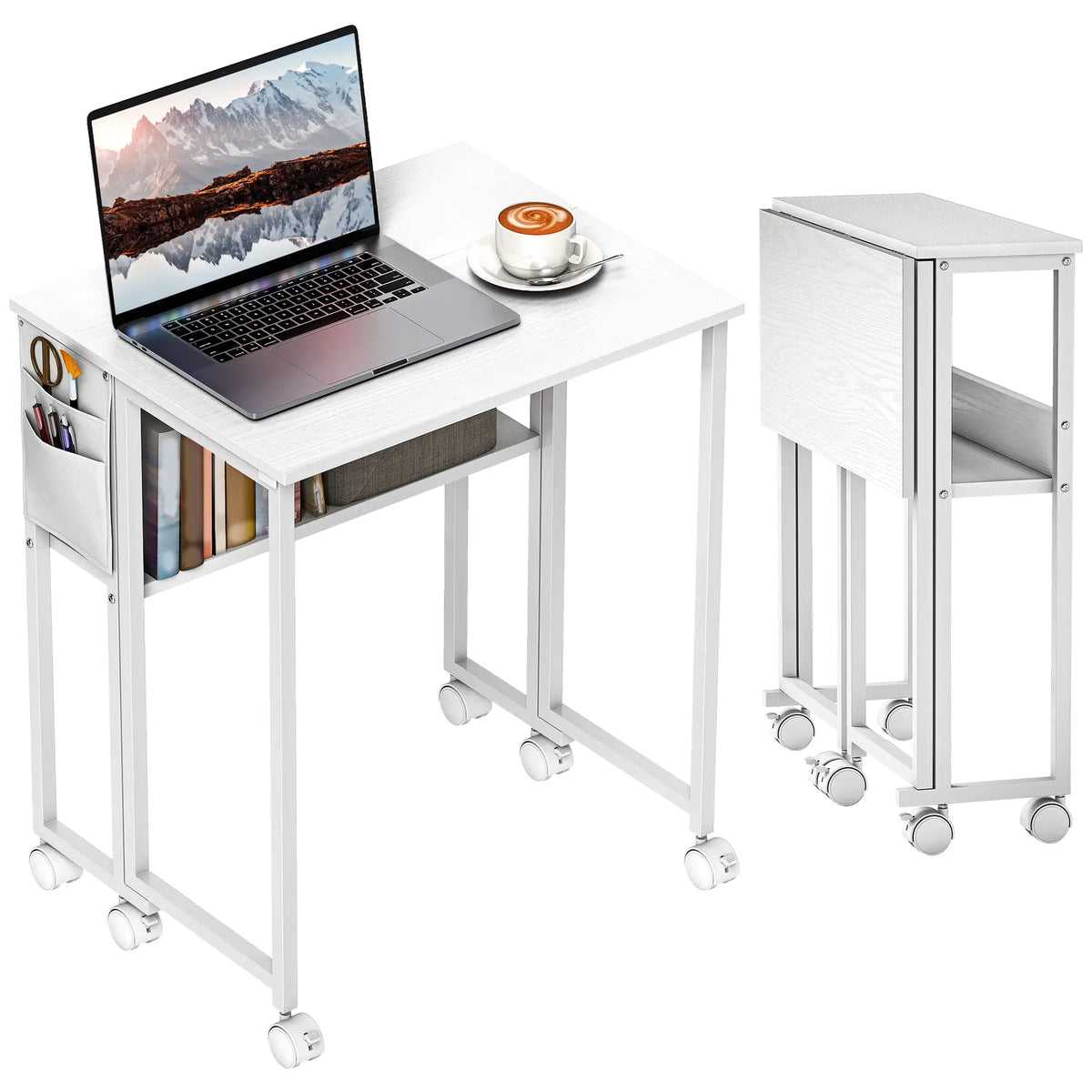 Folding Computer Desk with Storage Bag Shelf and Wheels White, White Writing Desks at Gallery Canada