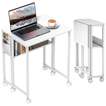 Folding Computer Desk with Storage Bag Shelf and Wheels White, White Writing Desks at Gallery Canada