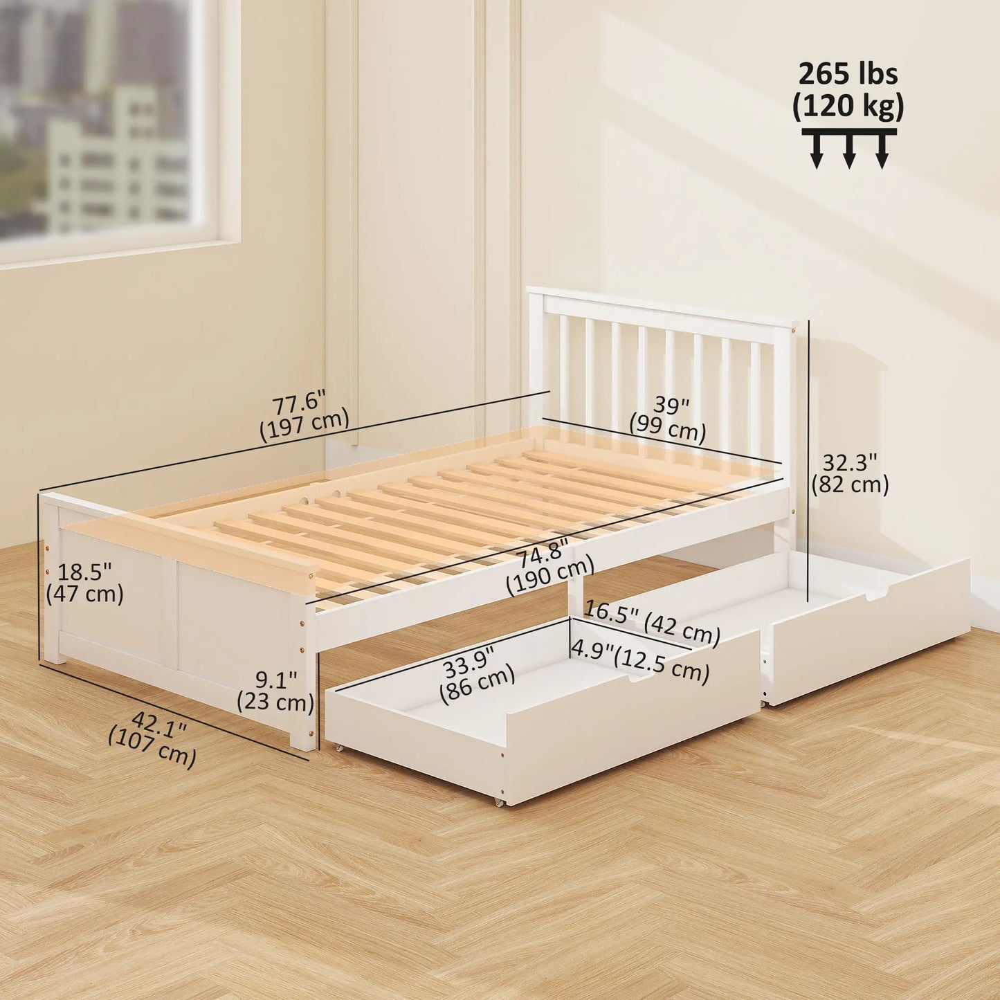 Pine Twin Bed Frame, Wood Storage Drawers, White Bed Frames at Gallery Canada