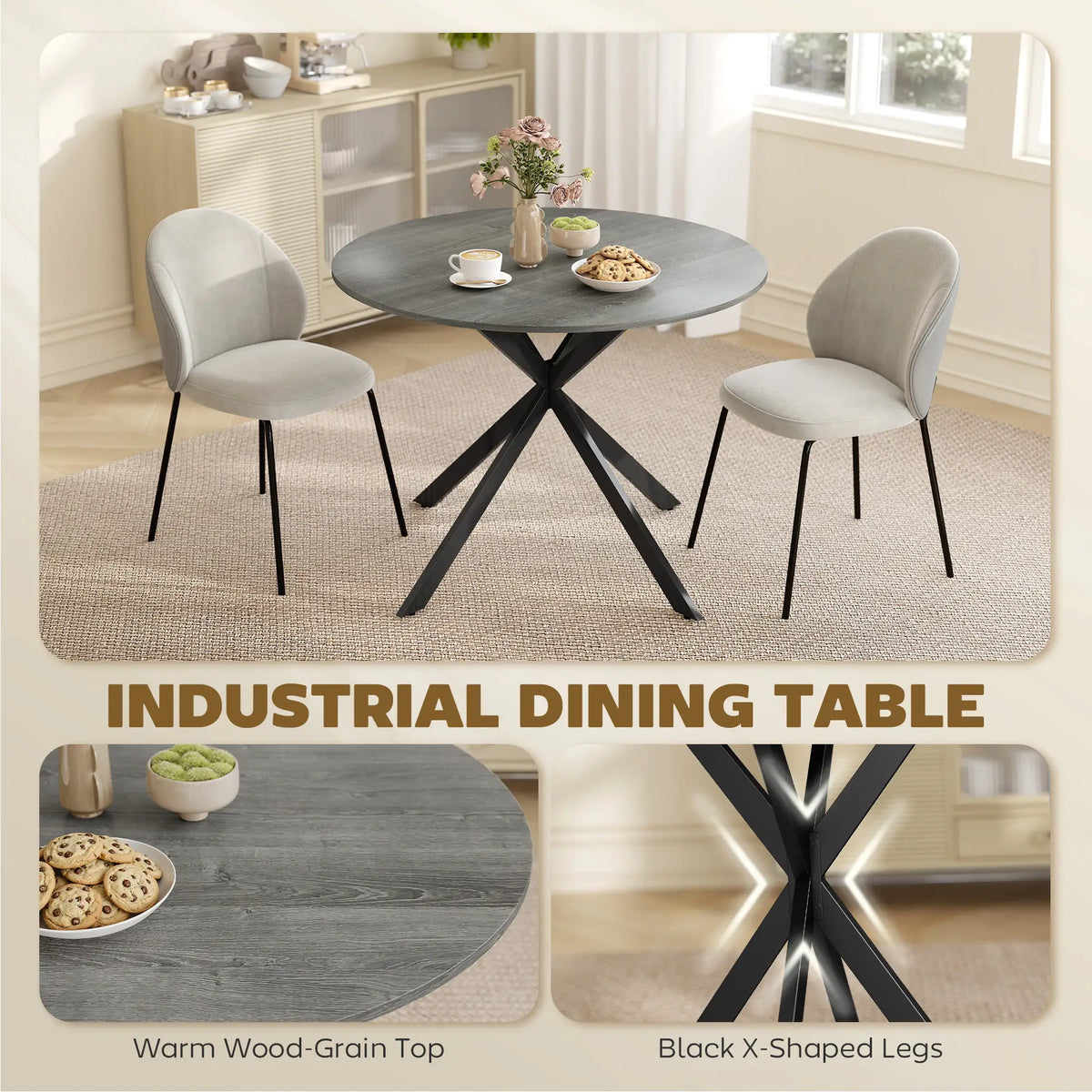 40" Round Kitchen Table For 4, Industrial Dining Table, Distressed, Grey