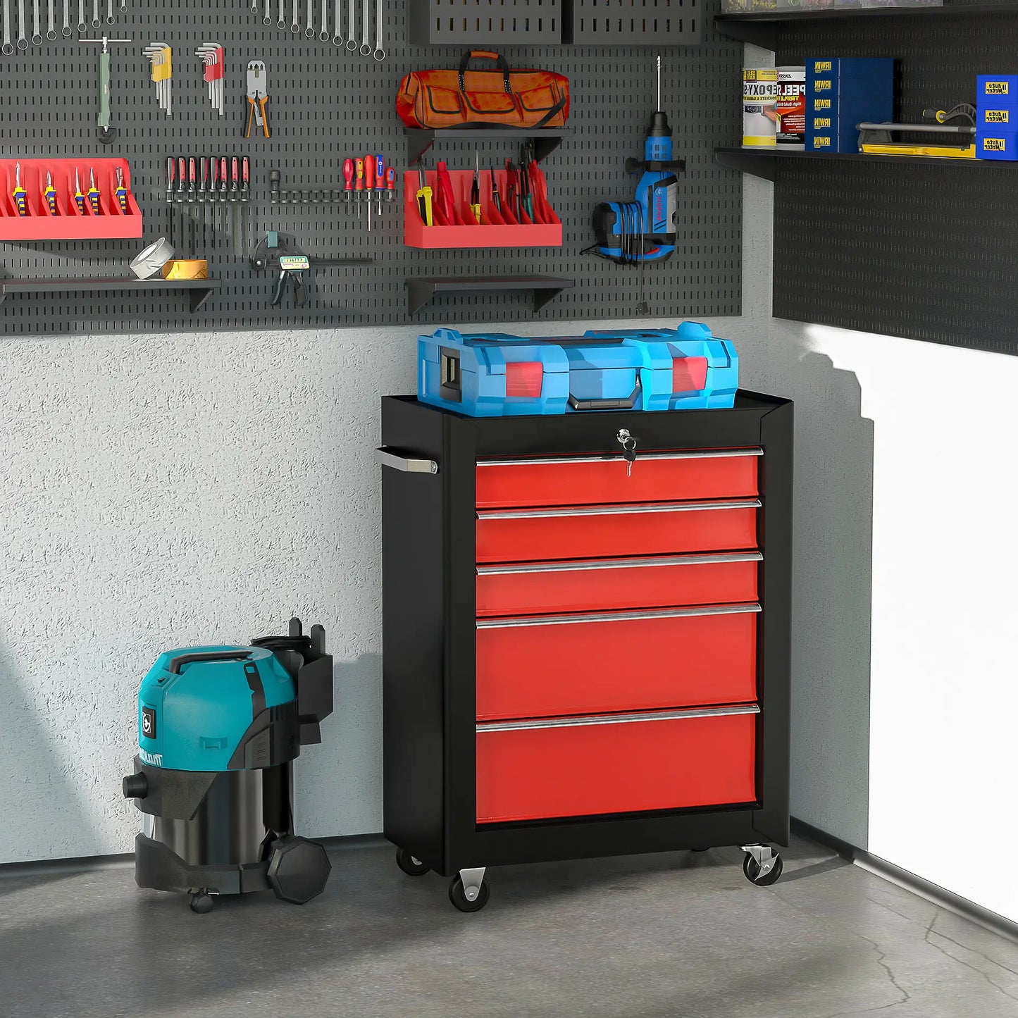5-Drawer Rolling Tool Chest, Lockable Tool Cabinet, 4 Wheels, Black, Red