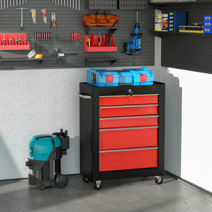 5-Drawer Rolling Tool Chest, Lockable Tool Cabinet, 4 Wheels, Black, Red