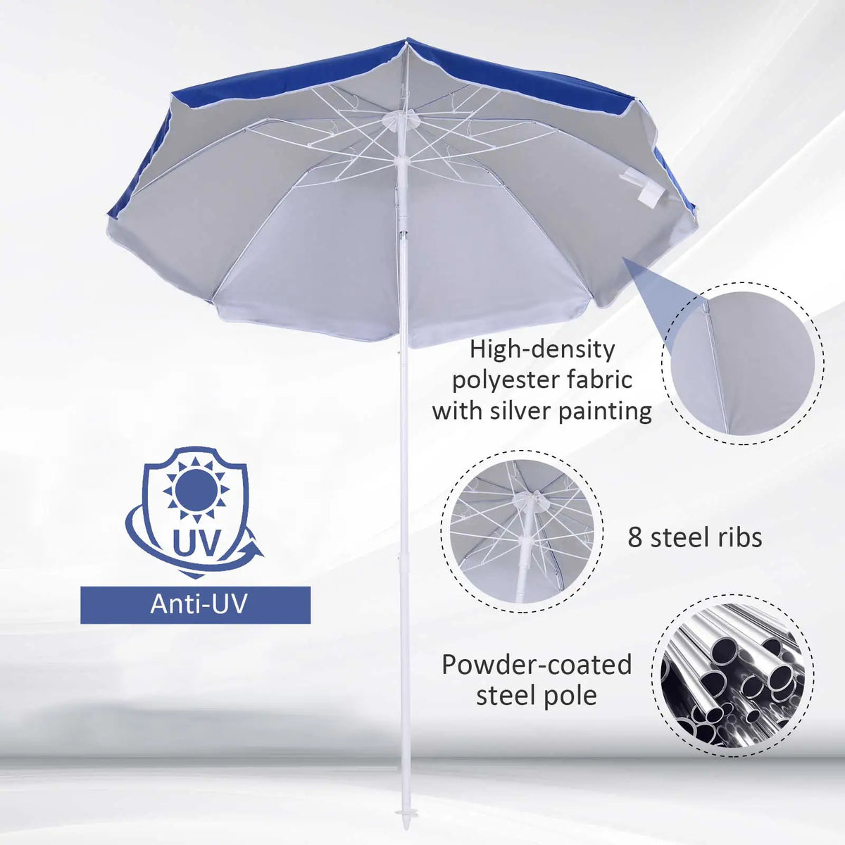 6.7ft Beach Umbrella, Push Button Tilt, Ruffled, Blue Beach Umbrellas at Gallery Canada