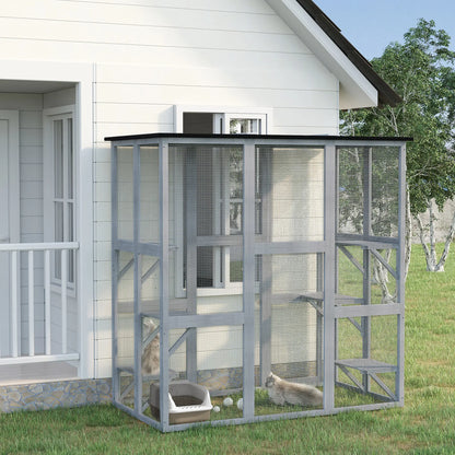 Large Outdoor Catio Enclosure, Weatherproof Cat House, Wooden Patio Cage, 6 Platforms, 71" x 39" x 71", Grey Outdoor Cat Enclosures at Gallery Canada