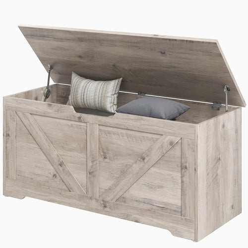 39.4 Inches Storage Chest, Wooden Box with Safety Hinges, Wood Grain, Grey