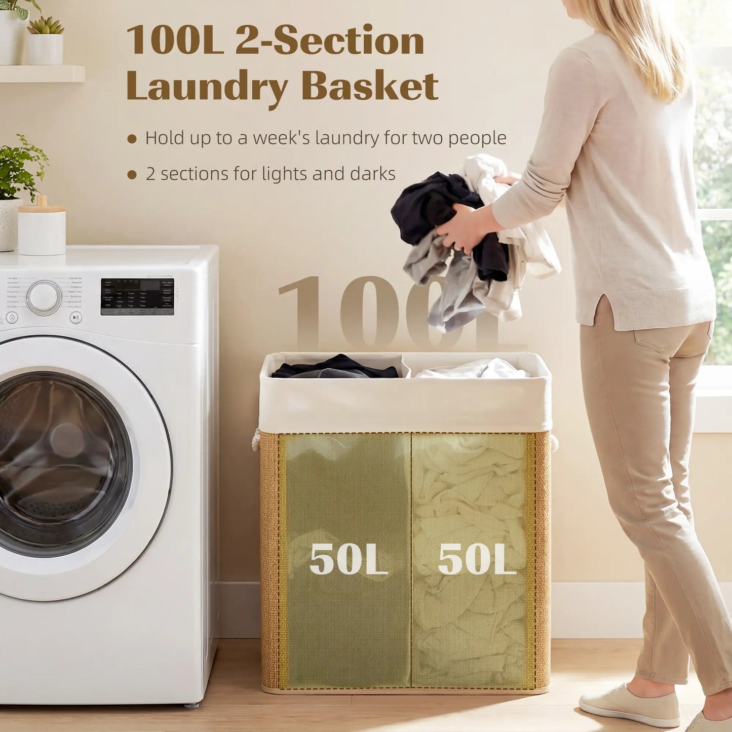 Double Laundry Basket with Lid, 100L Bamboo Hamper, Removable Bags, Brown Clothing Storage at Gallery Canada