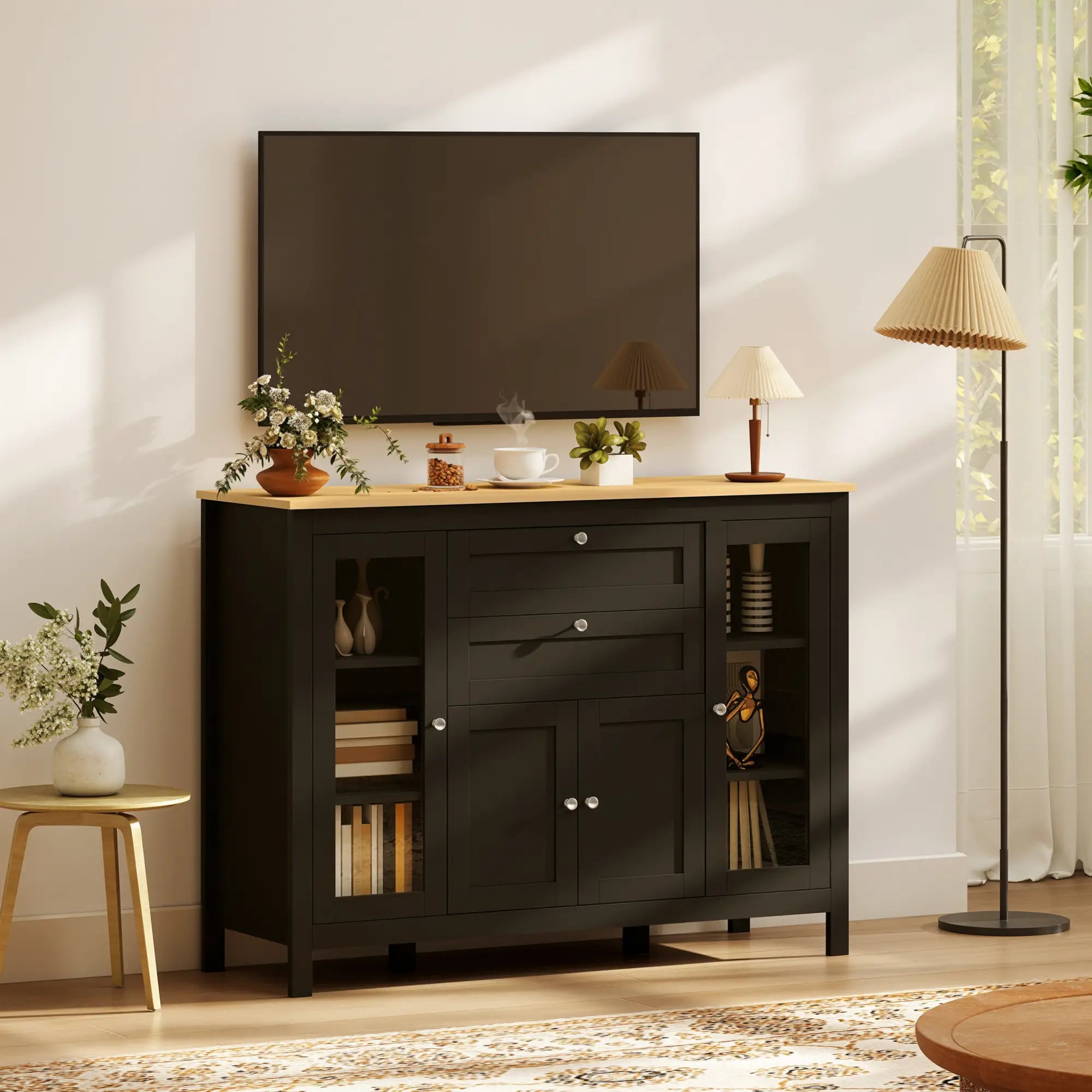 Buffet Cabinet Sideboard, 2 Drawers, 3 Storage Cabinets, Glass Doors, Dark Brown Bar Cabinets at Gallery Canada