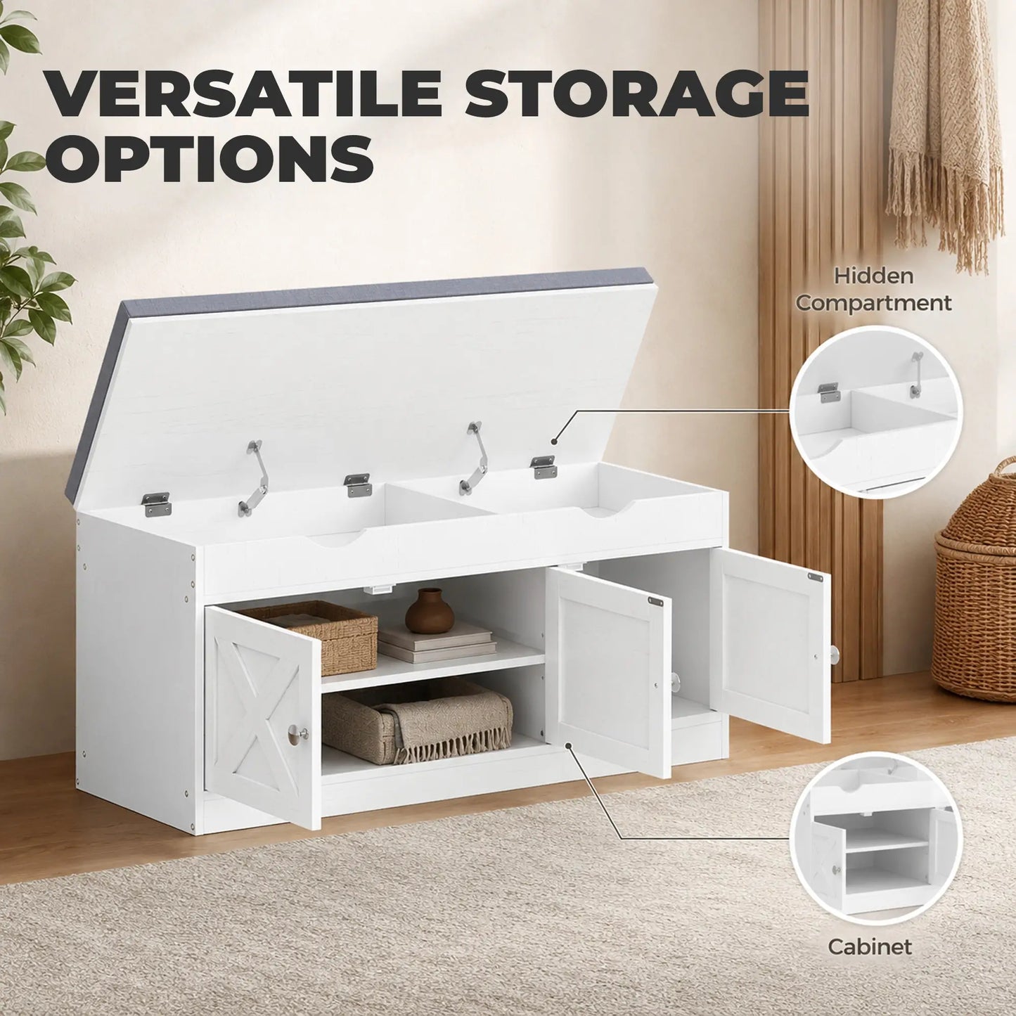 3-Door Shoe Bench with Cushion, Adjustable Shelves, White Shoe Storage Cabinets & Racks at Gallery Canada