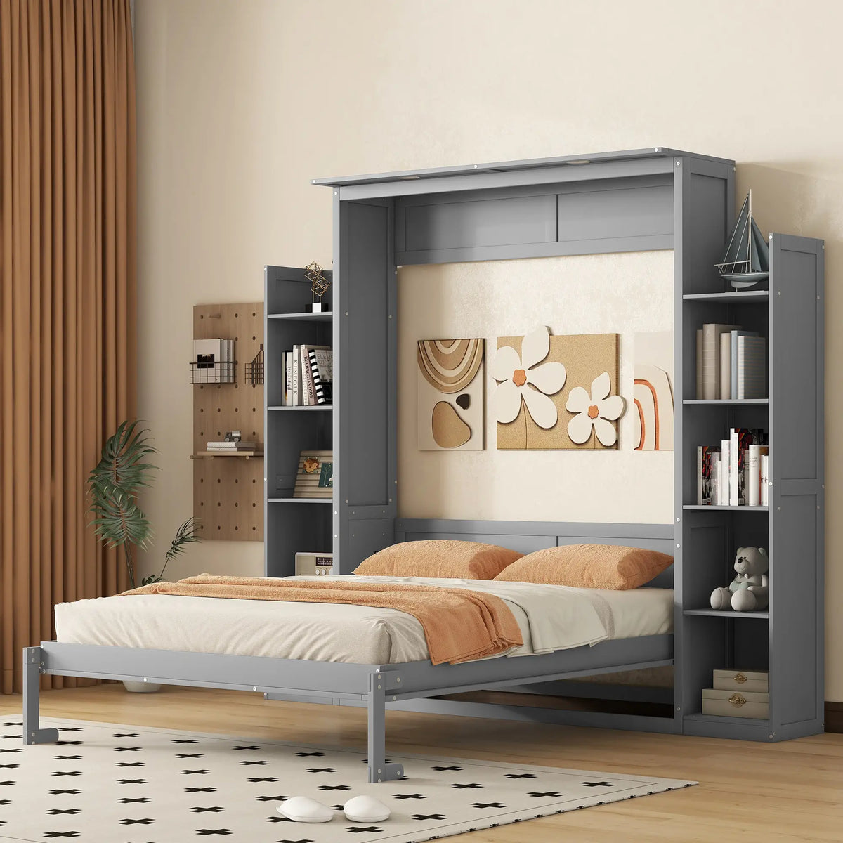Murphy Bed with Shelves, LED Lights, 97.5" L x 84.5" W x 88.5" H, Grey Bed Frames at Gallery Canada