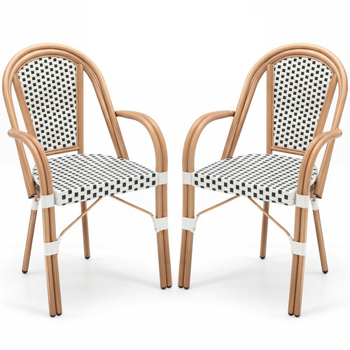Hand-Woven PE Wicker Outdoor French Bistro Chairs Set of 2, White