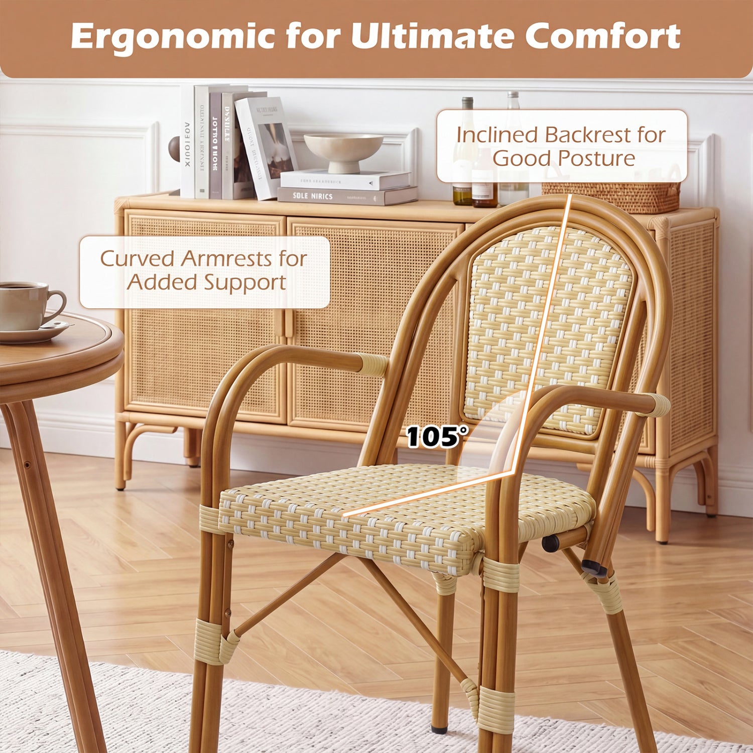 Hand-Woven PE Wicker French Bistro Chairs, Set of 2, Yellow Patio Dining Chairs at Gallery Canada
