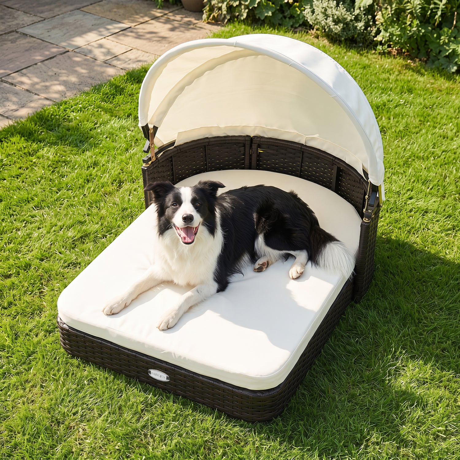 Handwoven Rattan Pet Daybed, 2 Cushions, White Dog Kennels at Gallery Canada