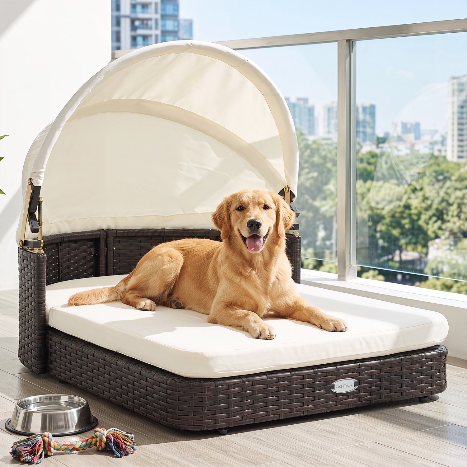 Handwoven Rattan Pet Daybed, 2 Cushions, White Dog Kennels at Gallery Canada