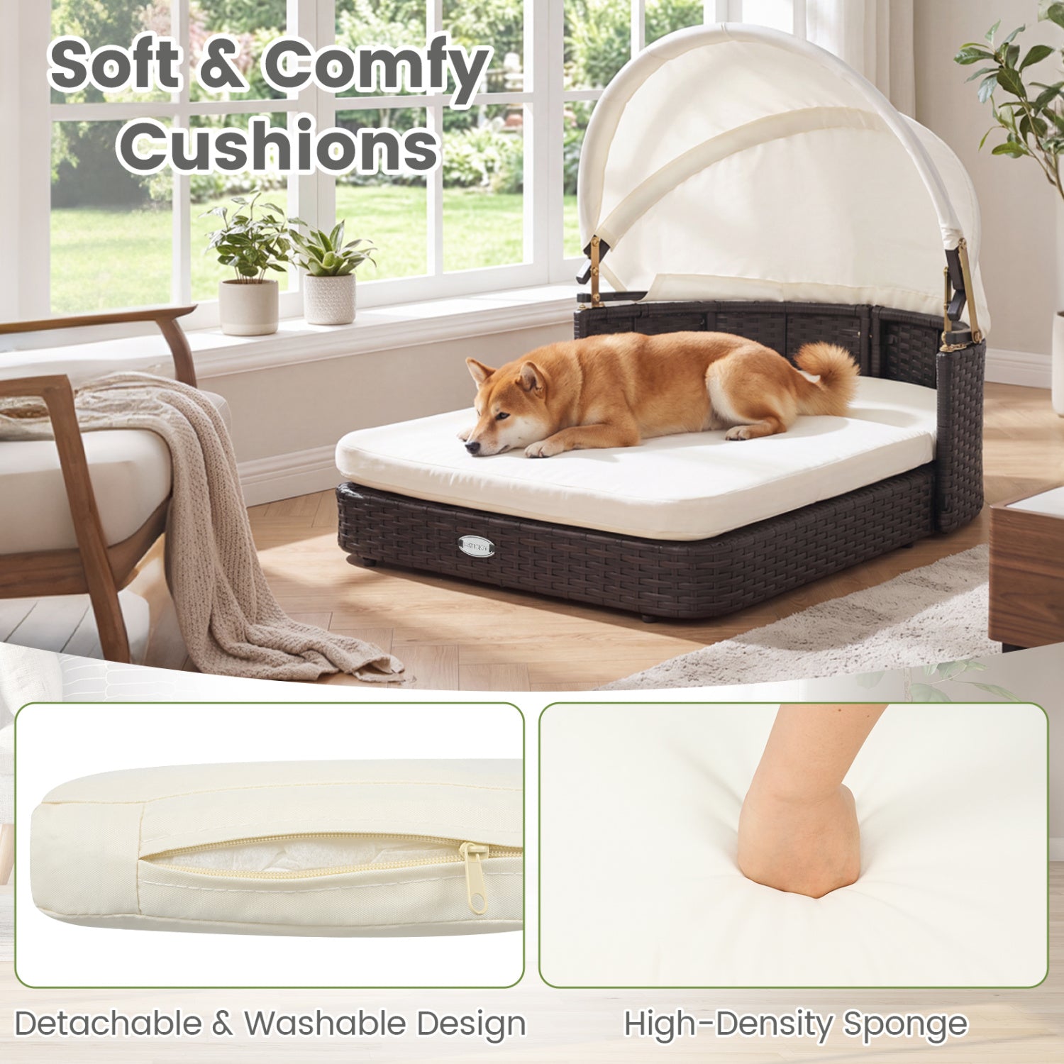 Handwoven Rattan Pet Daybed, 2 Cushions, White Dog Kennels at Gallery Canada