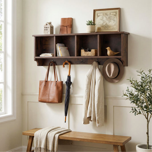 Hanging Entryway Shelf Coat Rack, Wall Mounted Storage Cabinet, Brown Coat Racks & Hall Trees Brown at Gallery Canada