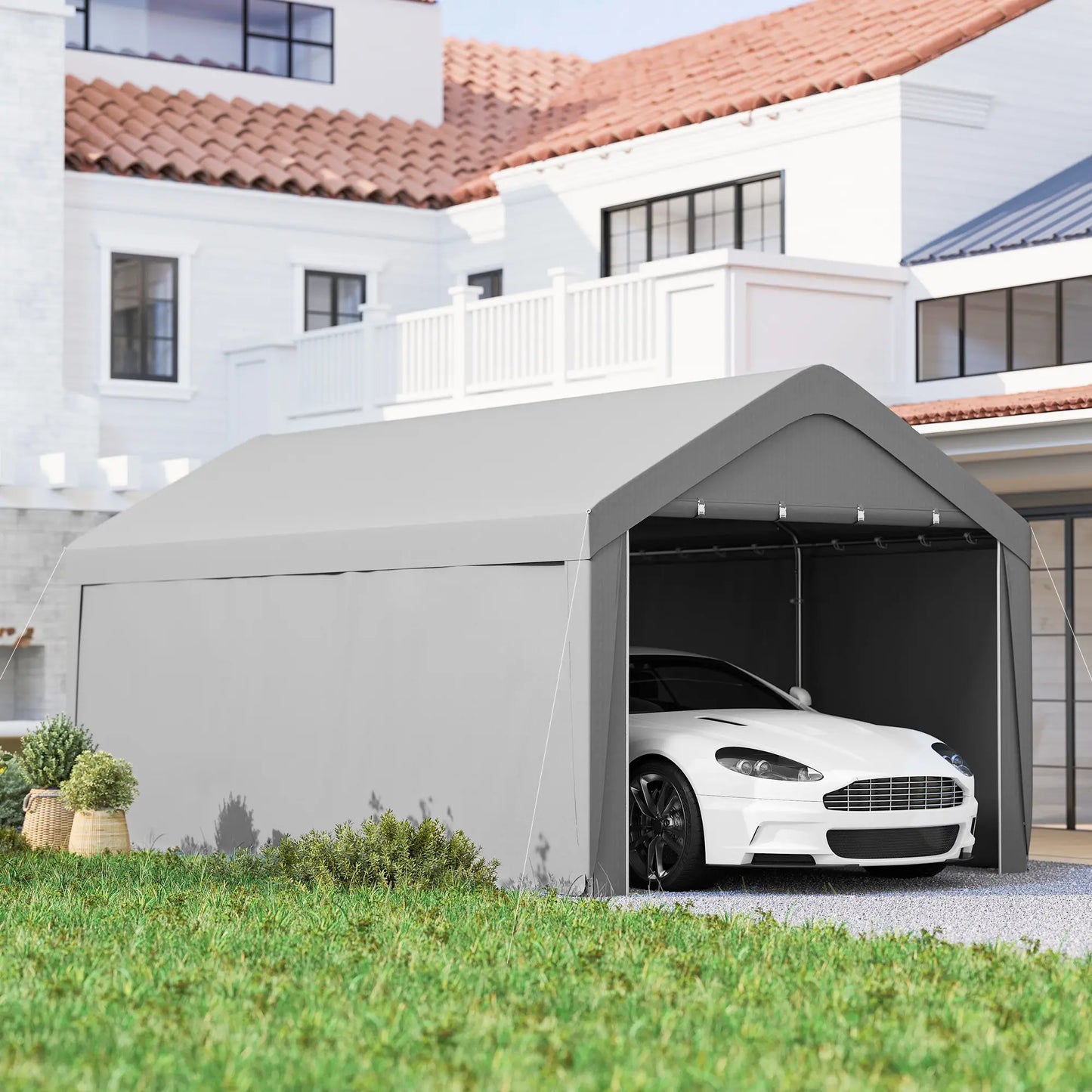10 x 20 ft Portable Garage, 2 Roll-Up Doors, Removable Sidewalls, Light Grey Car Shelters at Gallery Canada