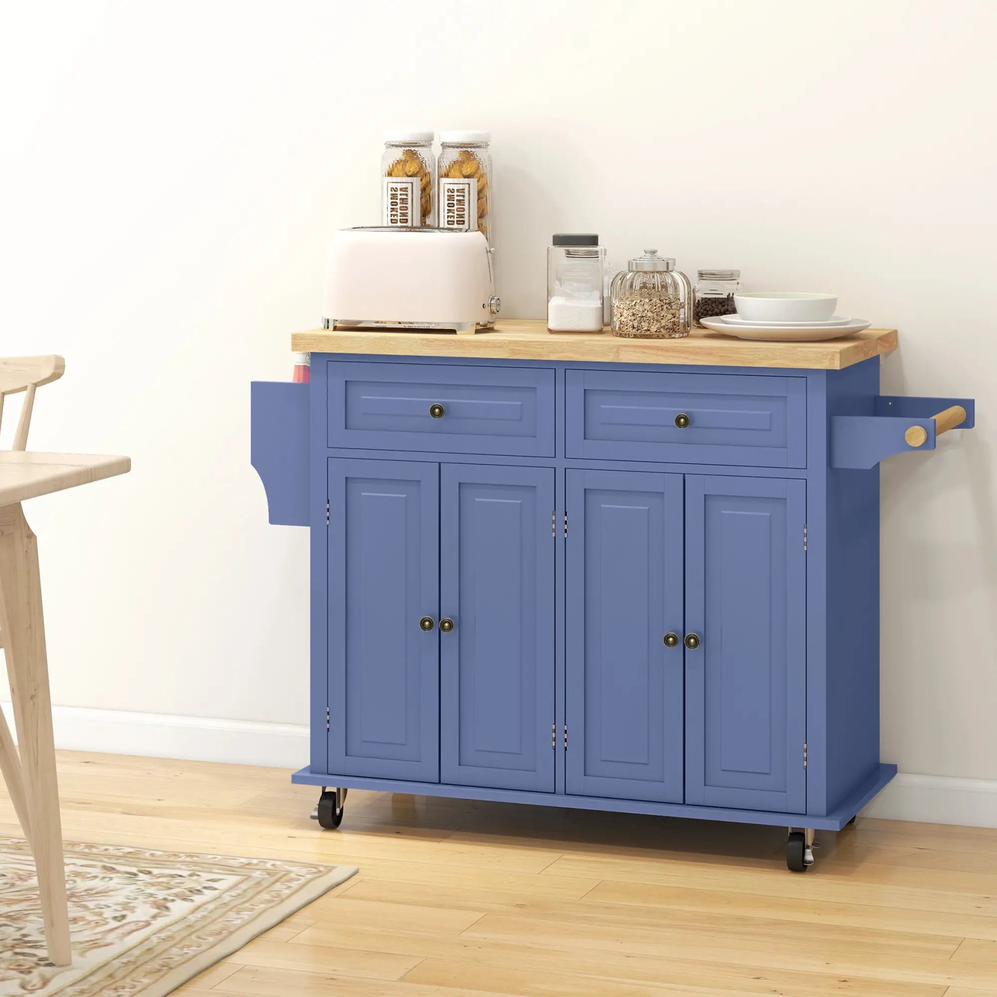 Kitchen Island with Storage, Rolling Cart, Rubber Wood Top, Navy Blue Kitchen Islands & Kitchen Carts at Gallery Canada