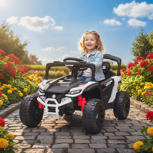 12V Kids Ride On Truck, Dual Motors, Rear Suspension, Remote Control, White
