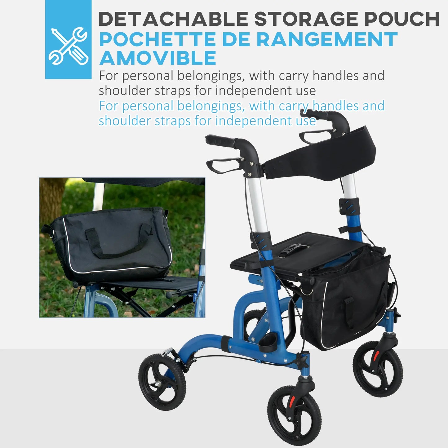 Rollator Walker, 8'' Wheels, Padded Seat, Backrest, Storage Bag, Blue Knee Walker & Wheelchair Ramps at Gallery Canada