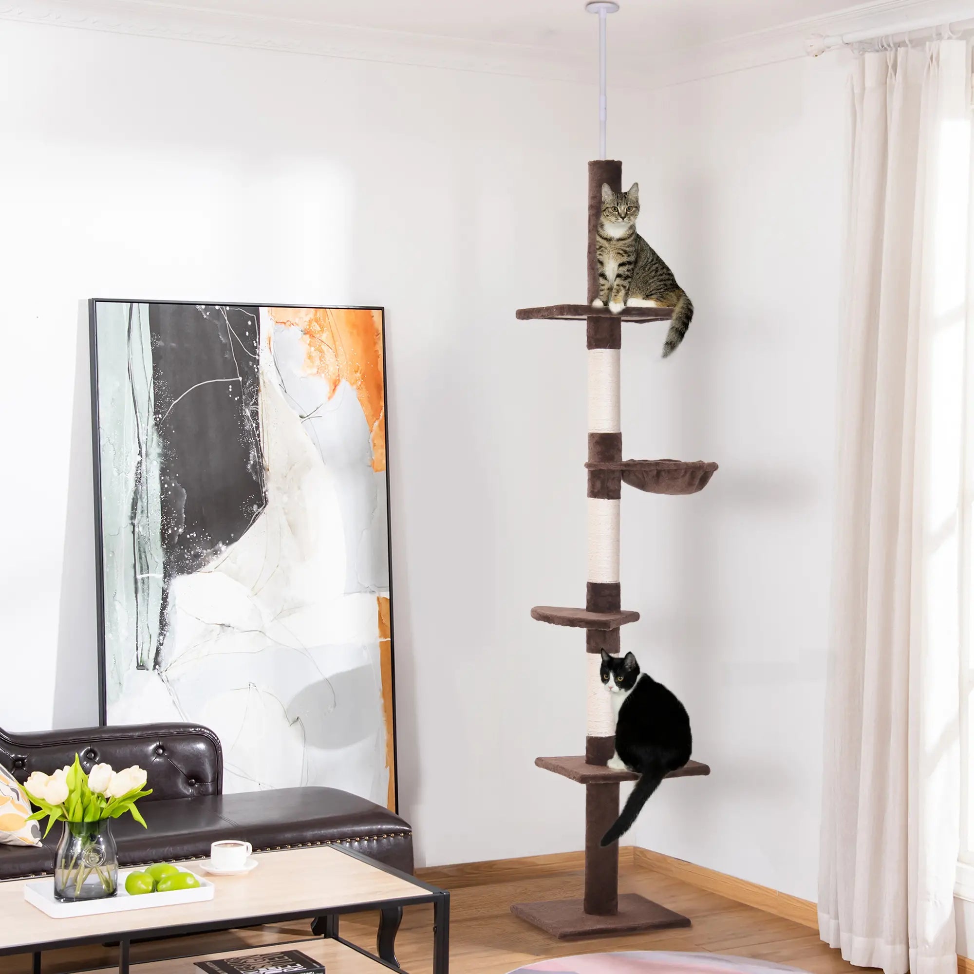 8.5ft Cat Climbing Tree, 5-Tier Kitty Activity Center, Scratching Post, Brown and White Floor to Ceiling Cat Trees at Gallery Canada