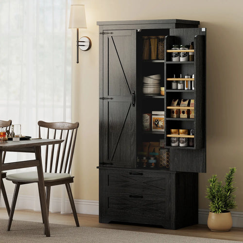 Farmhouse Kitchen Pantry Storage Cabinet, 64 Inch, Distressed Black