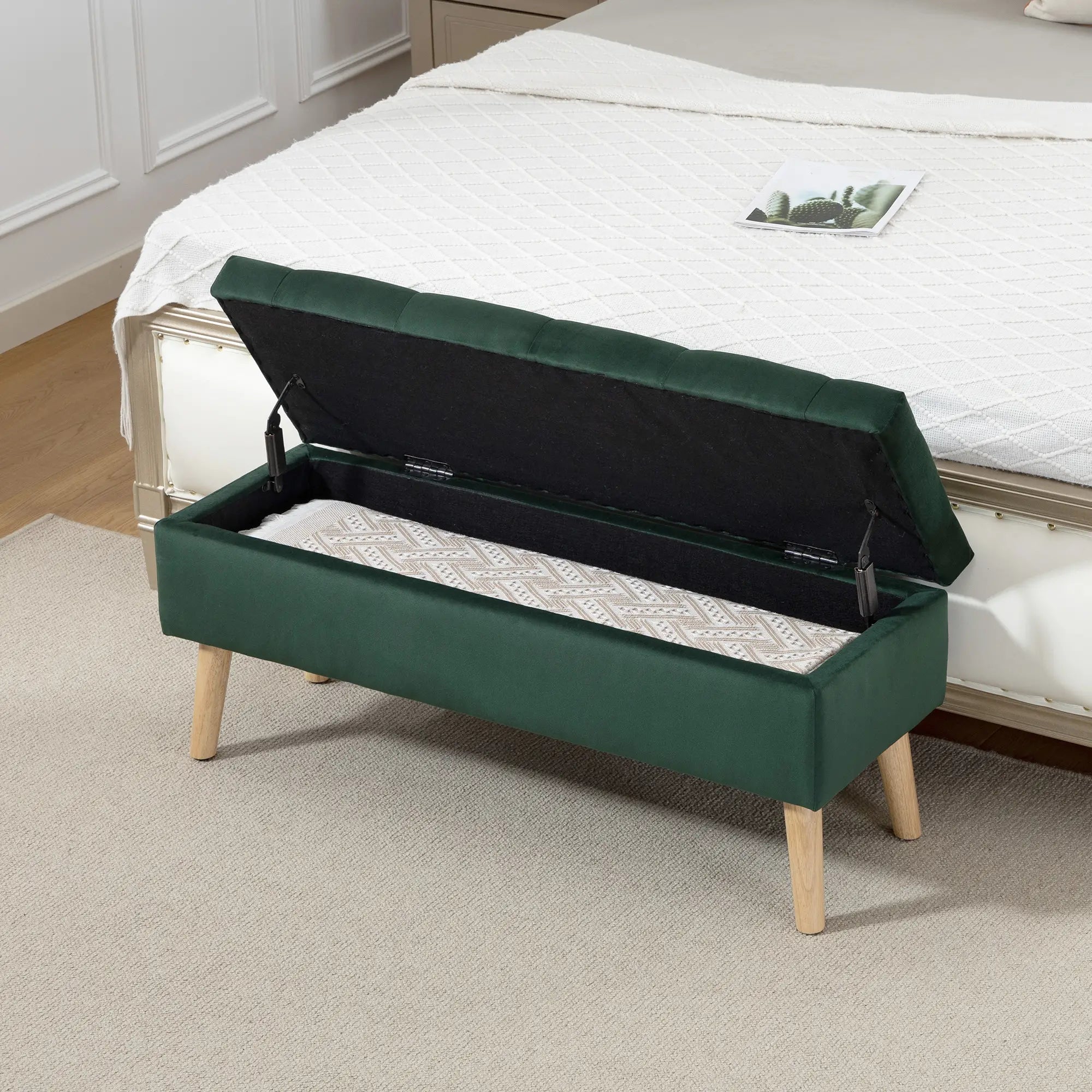 Velvet Storage Ottoman with Lid, Wood Legs, Dark Green Storage Ottomans & Benches at Gallery Canada