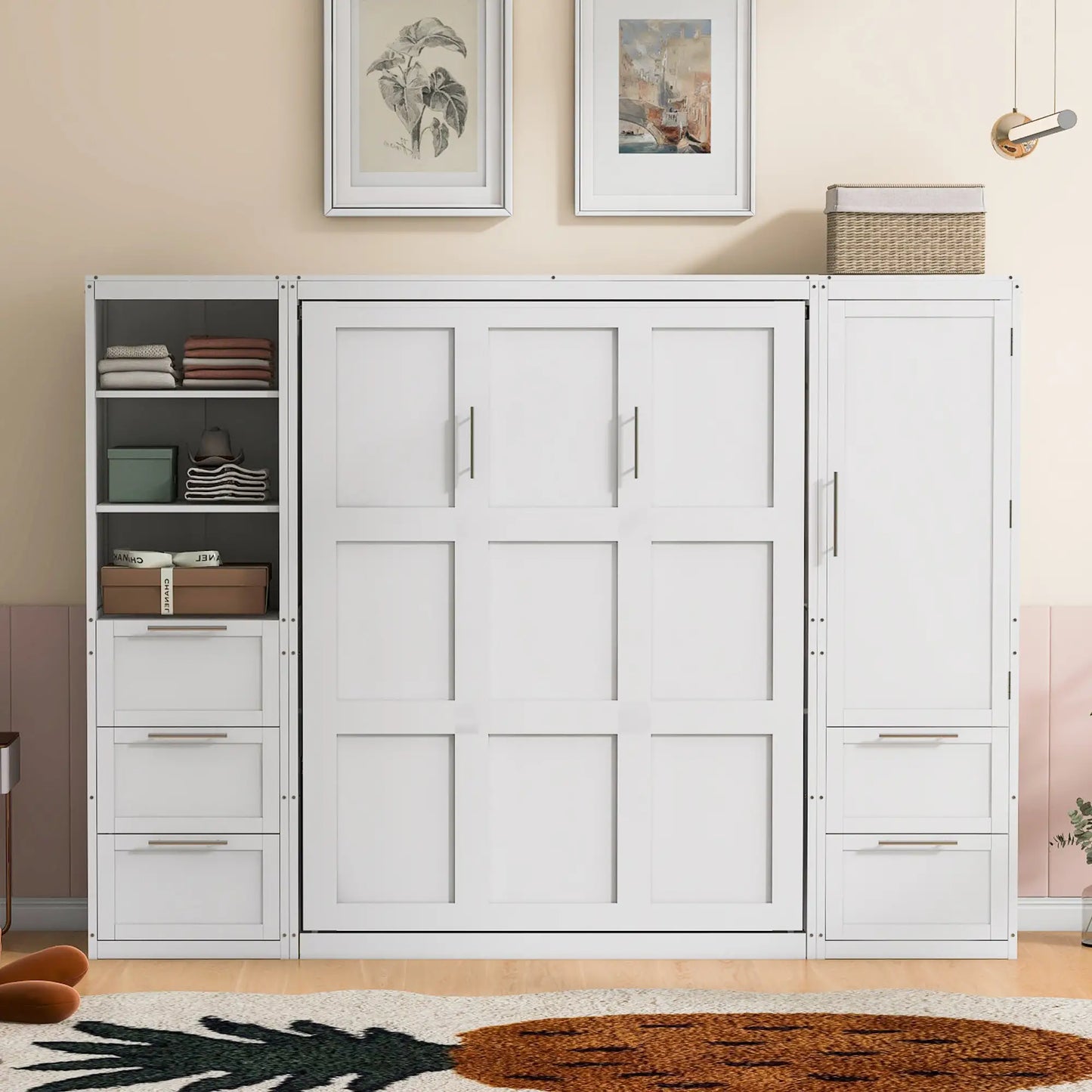 Murphy Bed with Storage, Space-Saving Wall Bed, 120" L x 20" W x 88.5" H, White Bed Frames at Gallery Canada